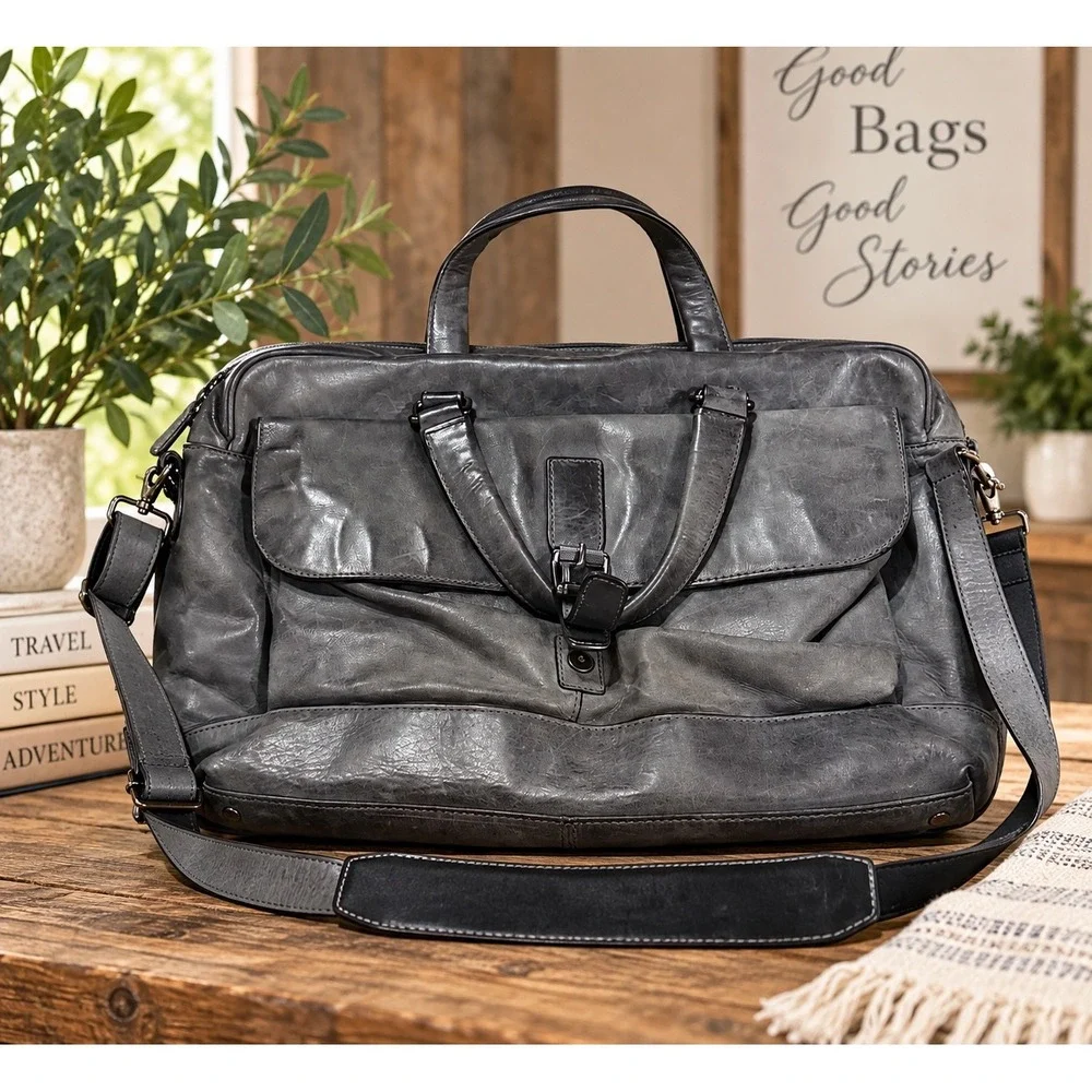 Frye Logan Leather Work Bag Briefcase Slate Grey Distressed Messenger Bag